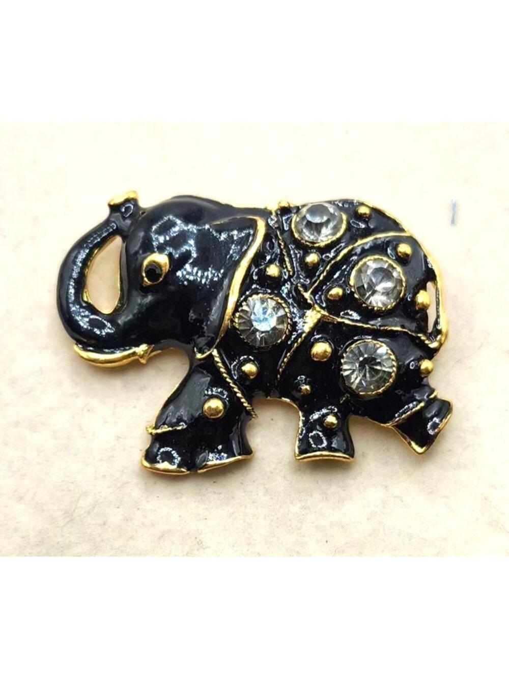 Black Enamel Elephant Brooch With Gold tone & Crystal Accents